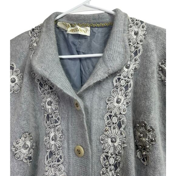 Beldini Vintage Gray Angora Beaded Sweater Cardigan Medium - Picture 3 of 16